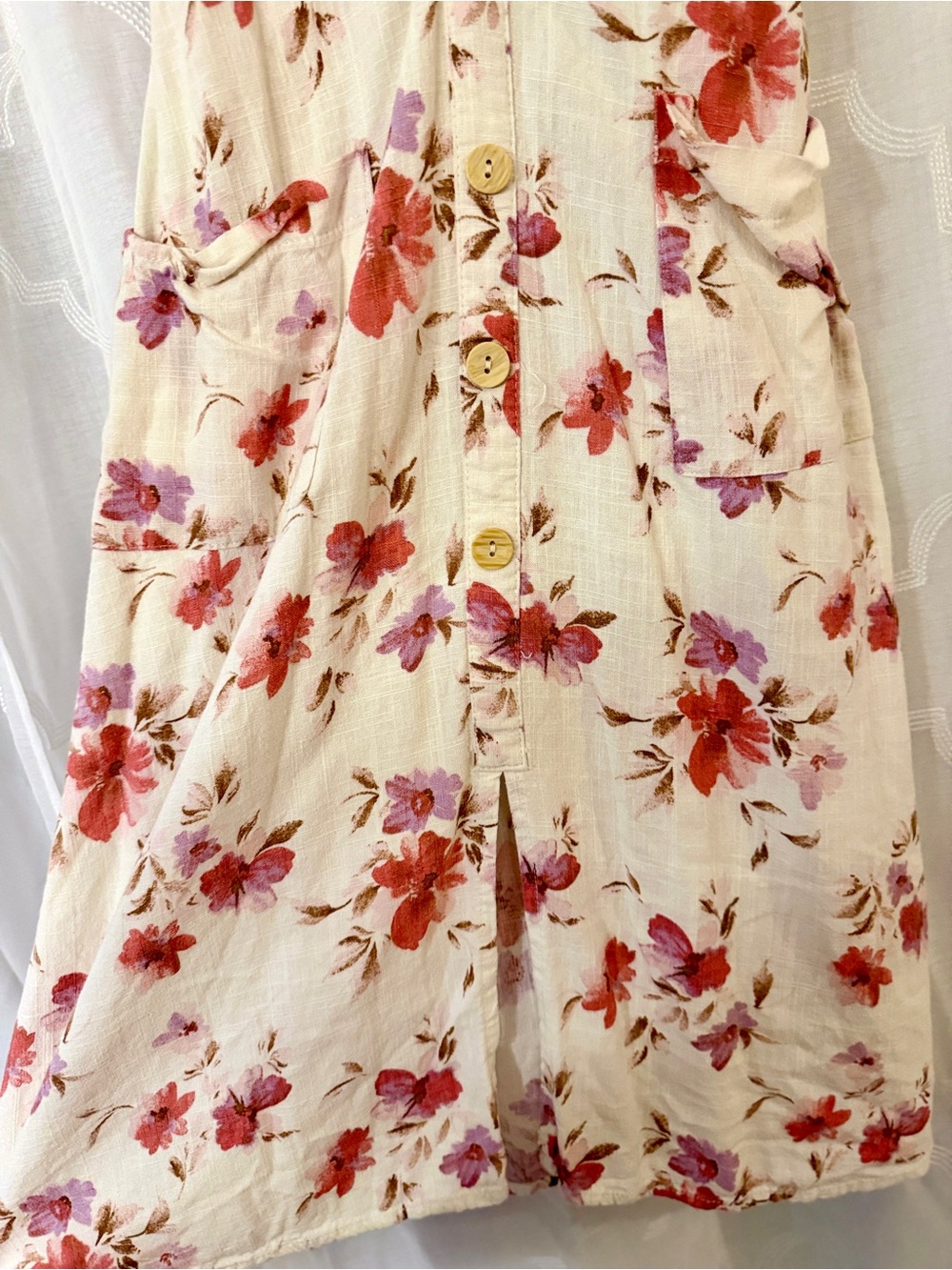 Monteau Cream Floral Midi Dress Medium Cottagecore Button Front Dress - Picture 8 of 16